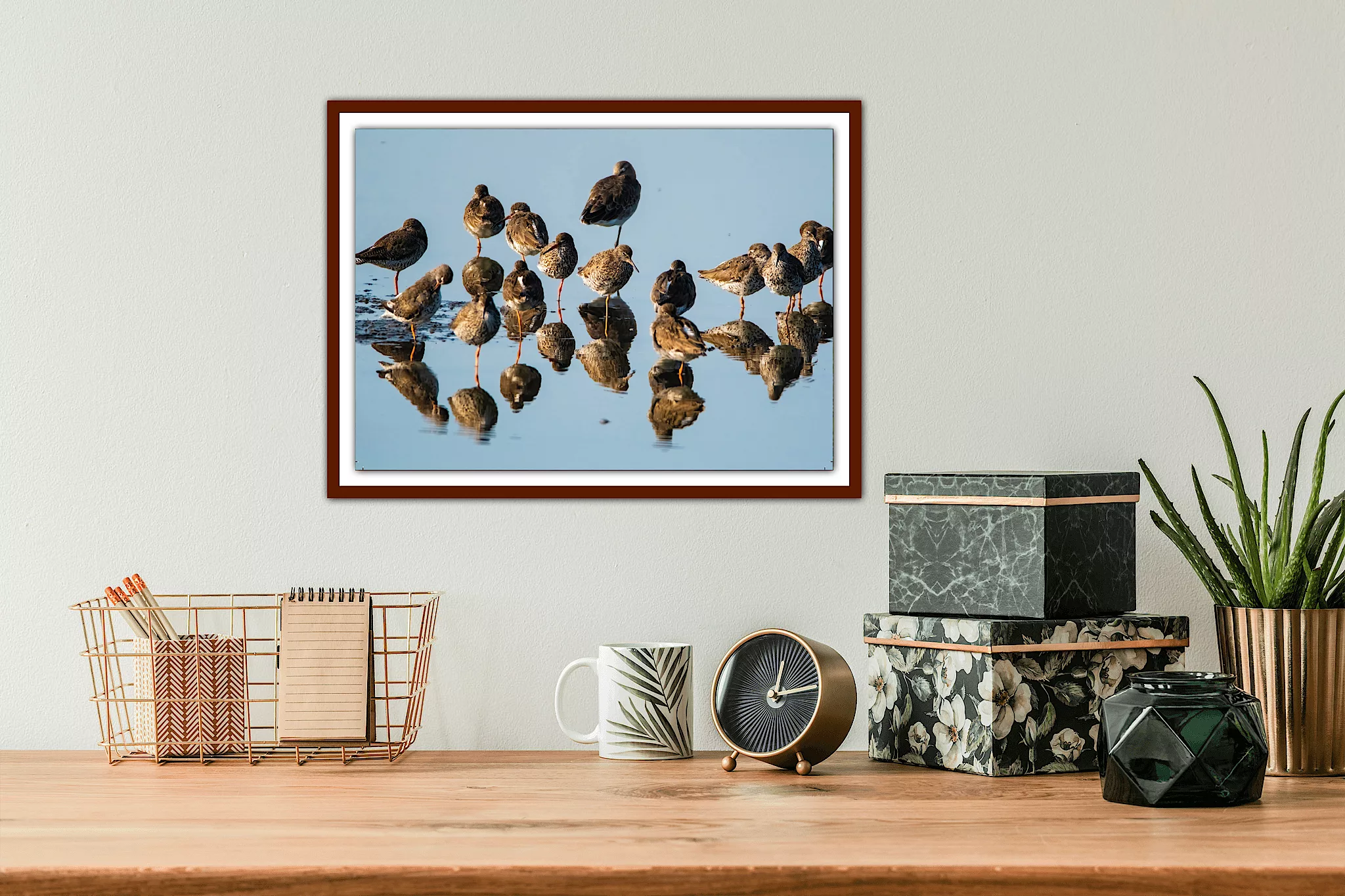 Godwits reflected in the water- Framed A3 Print in Wooden Frame